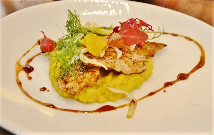 Pomegranate-lacquered Chicken with Sweet Potato Pap, Thumbelina Carrots, Citrus-Fennel Salad