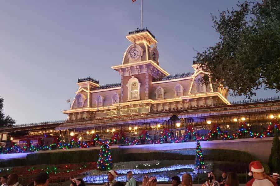 Train Station at Magic Kingdom Lit up for Christmas